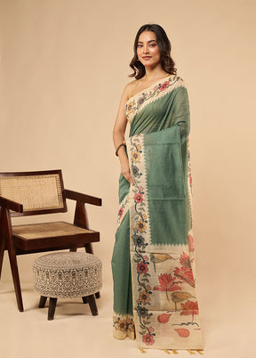 Green Cotton Saree With Blouse Piece