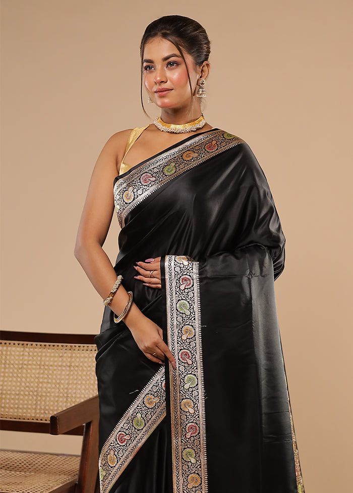 Black Handloom Banarasi Pure Silk Saree With Blouse Piece