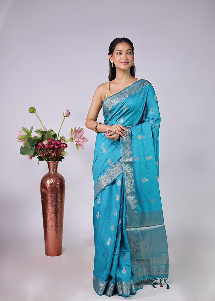 Blue Dupion Silk Saree With Blouse Piece