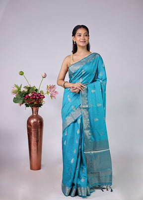 Blue Dupion Silk Saree With Blouse Piece