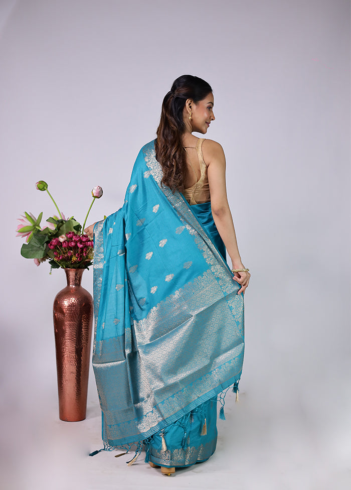 Blue Dupion Silk Saree With Blouse Piece