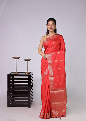 Red Dupion Silk Saree With Blouse Piece