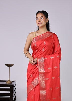Red Dupion Silk Saree With Blouse Piece