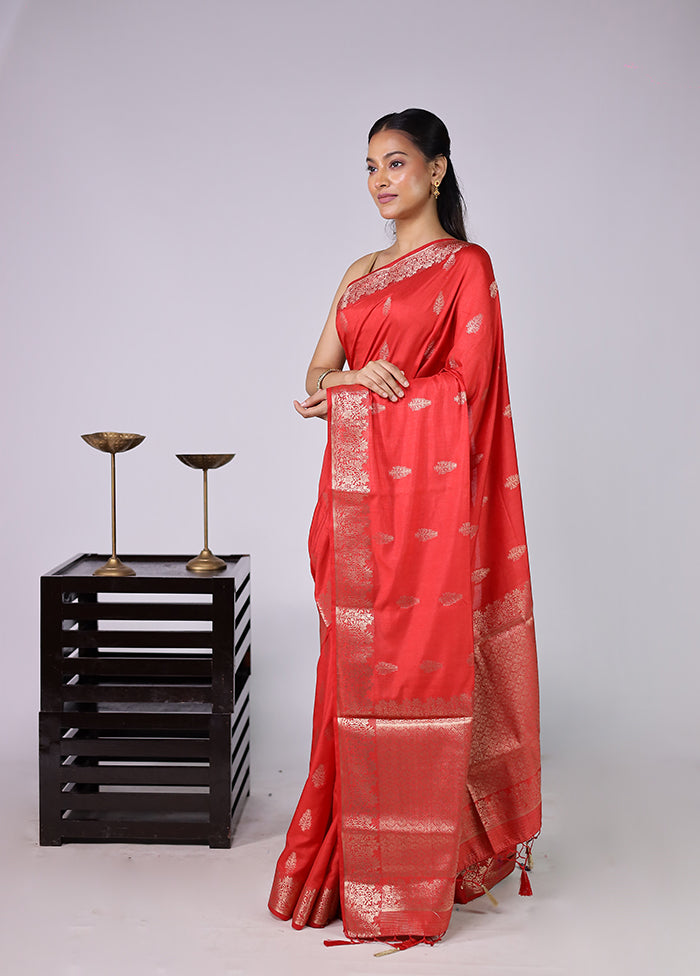Red Dupion Silk Saree With Blouse Piece