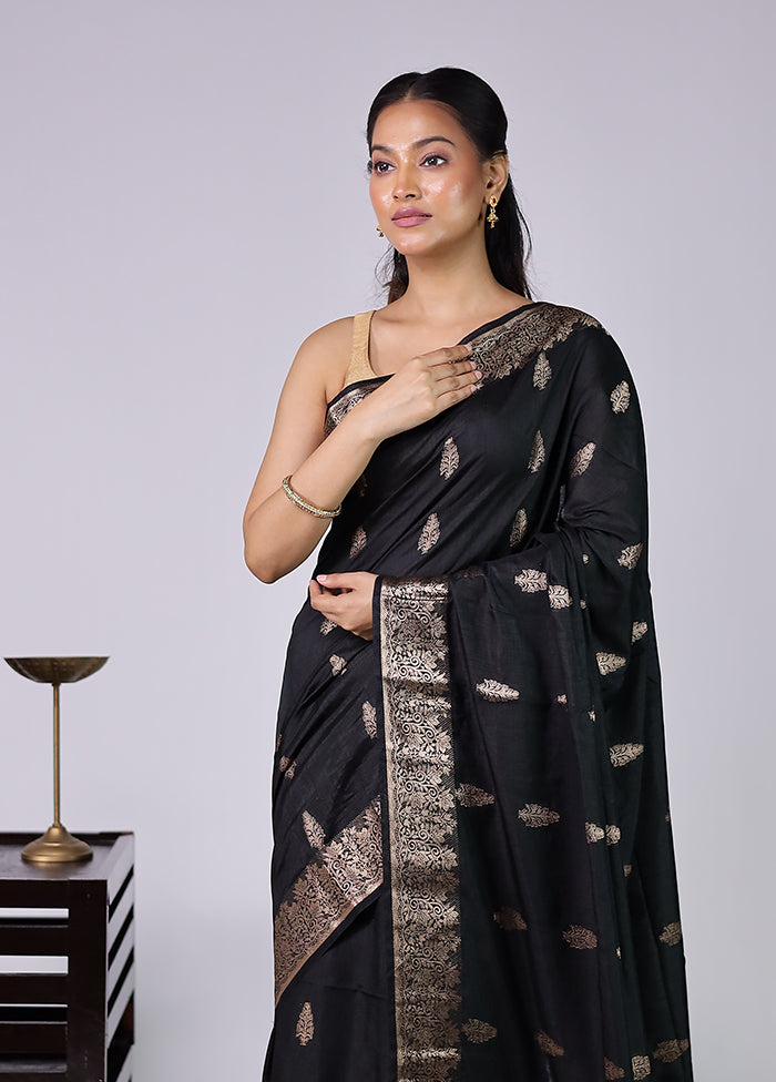 Black Dupion Silk Saree With Blouse Piece