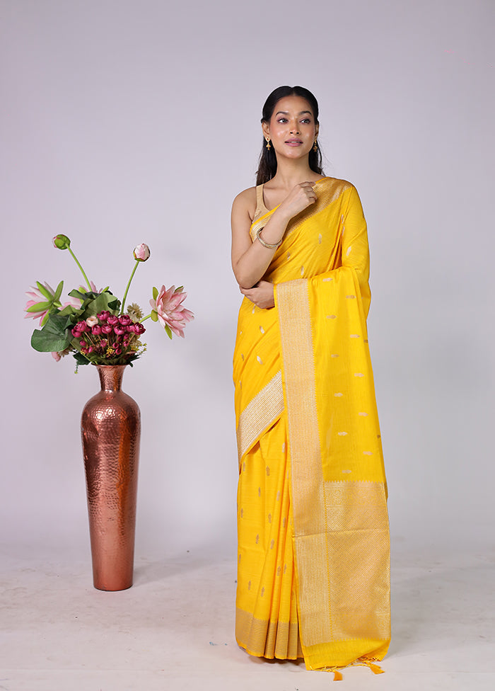 Yellow Dupion Silk Saree With Blouse Piece