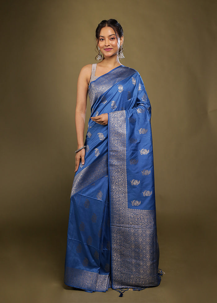 Blue Dupion Silk Saree With Blouse Piece
