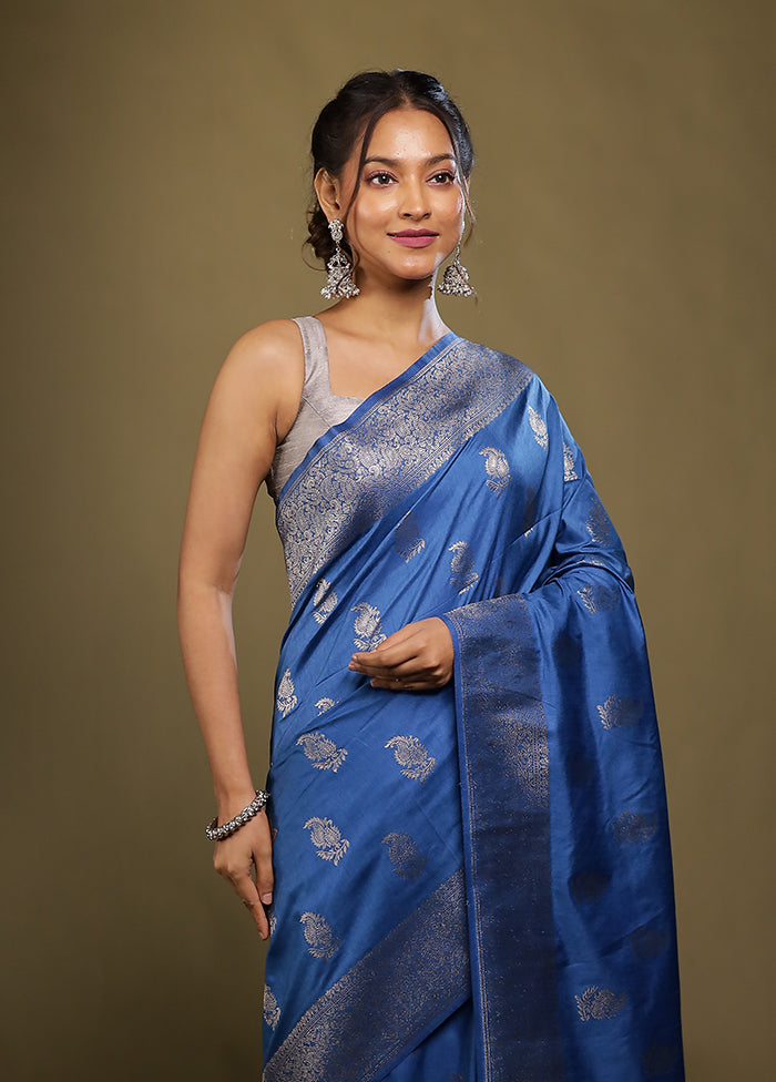 Blue Dupion Silk Saree With Blouse Piece