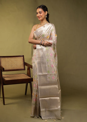 Cream Kora Silk Saree With Blouse Piece