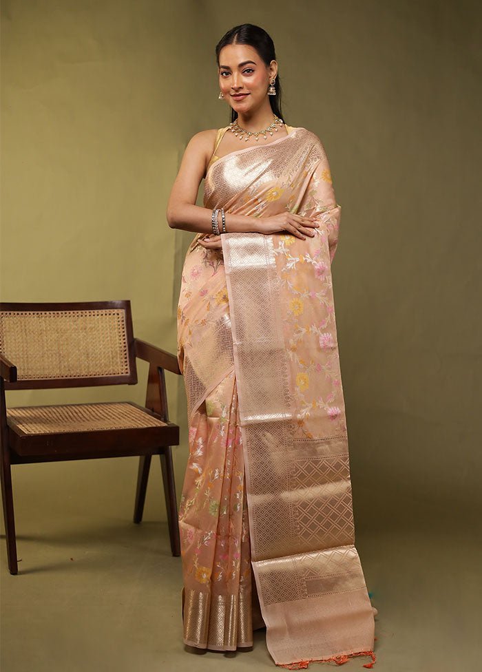 Peach Kora Silk Saree With Blouse Piece