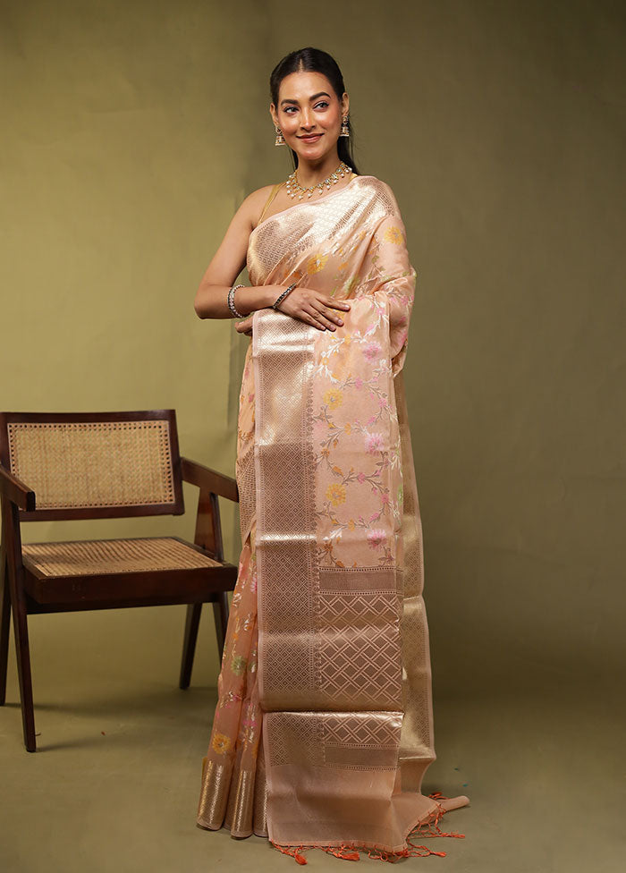 Peach Kora Silk Saree With Blouse Piece
