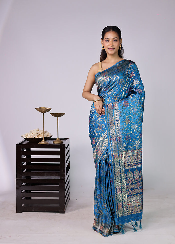Blue Dupion Silk Saree With Blouse Piece
