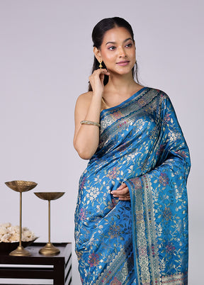 Blue Dupion Silk Saree With Blouse Piece