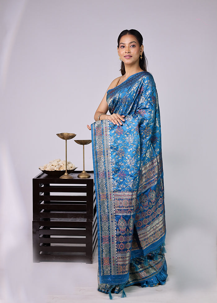 Blue Dupion Silk Saree With Blouse Piece