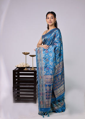 Blue Dupion Silk Saree With Blouse Piece