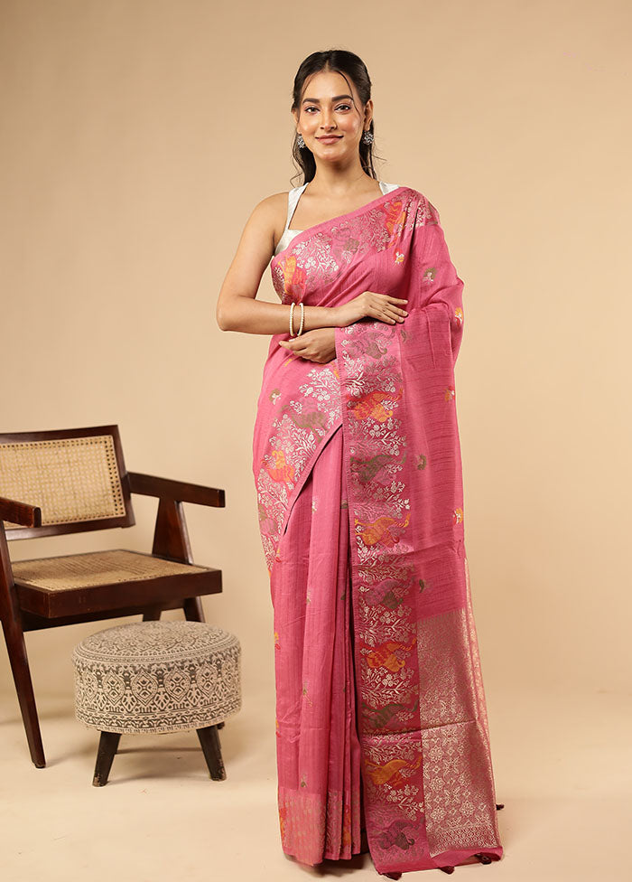 Pink Tussar Silk Saree With Blouse Piece