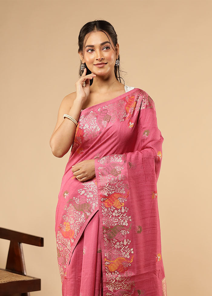 Pink Tussar Silk Saree With Blouse Piece