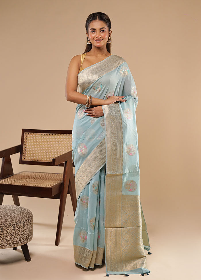 Blue Tissue Silk Saree With Blouse Piece