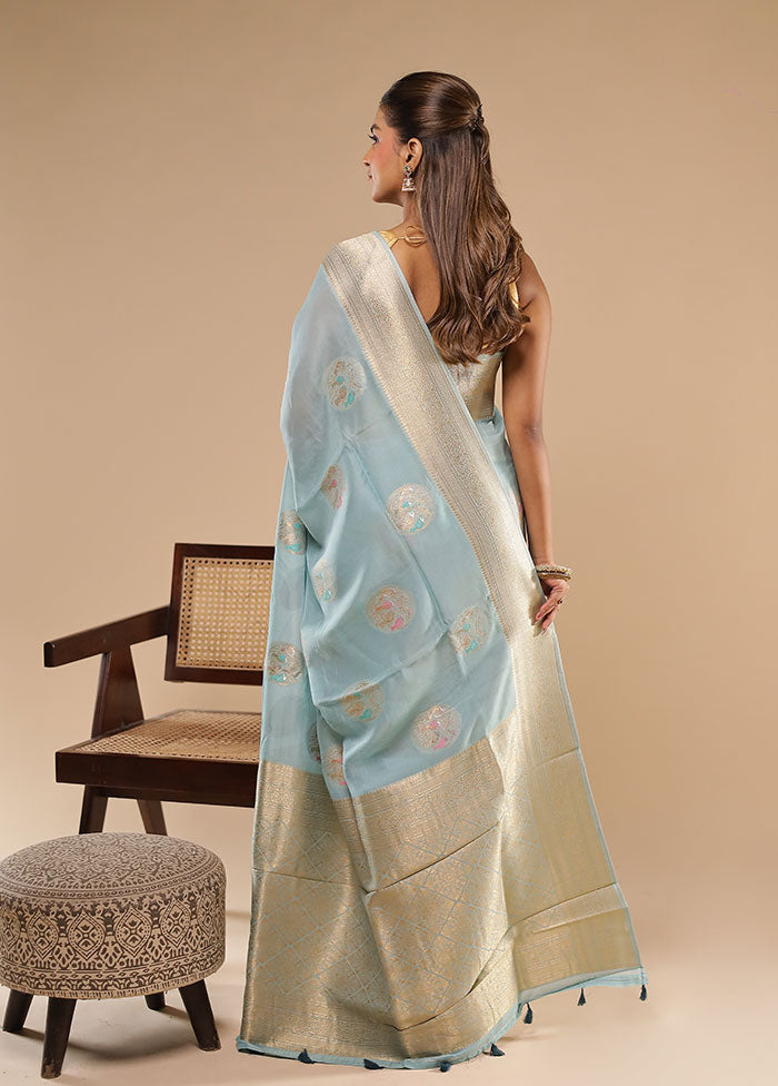 Blue Tissue Silk Saree With Blouse Piece