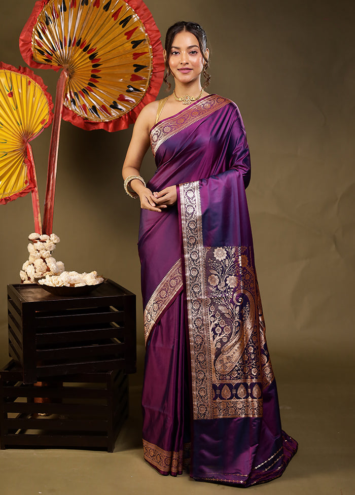 Purple Banarasi Silk Saree With Blouse Piece