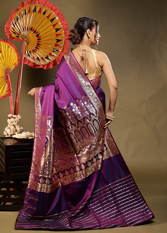 Purple Banarasi Silk Saree With Blouse Piece