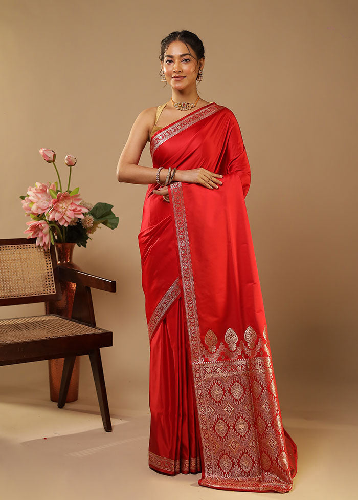Red Banarasi Silk Saree With Blouse Piece