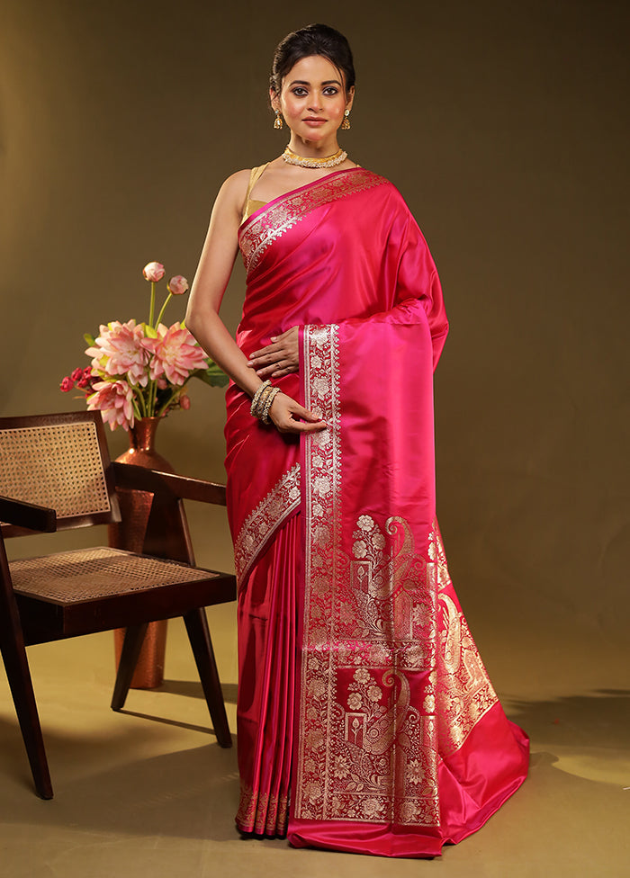 Pink Banarasi Silk Saree With Blouse Piece