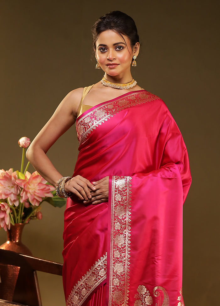 Pink Banarasi Silk Saree With Blouse Piece