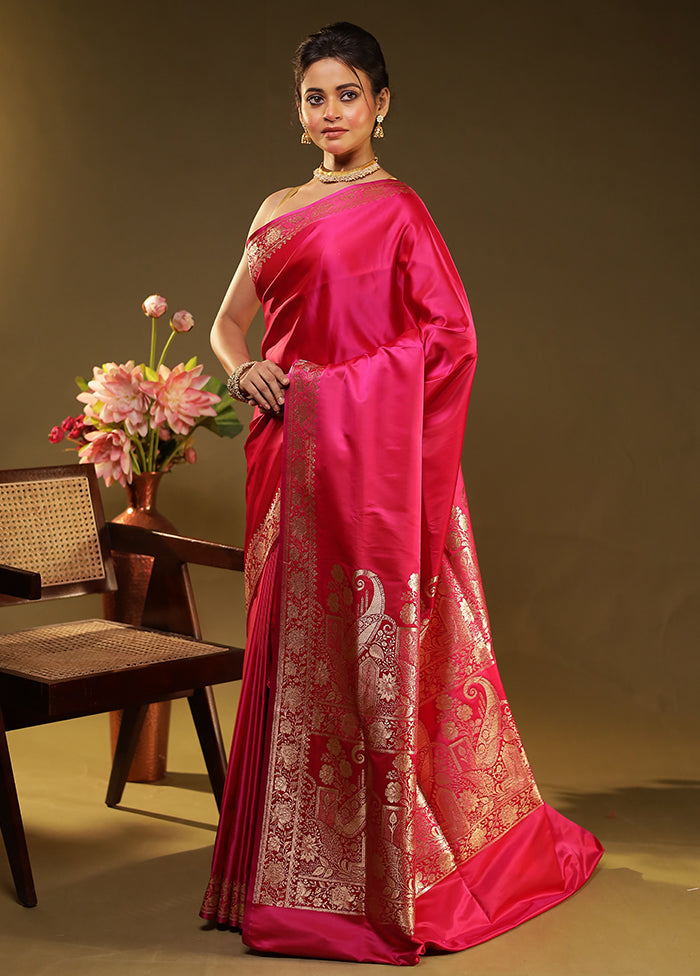 Pink Banarasi Silk Saree With Blouse Piece