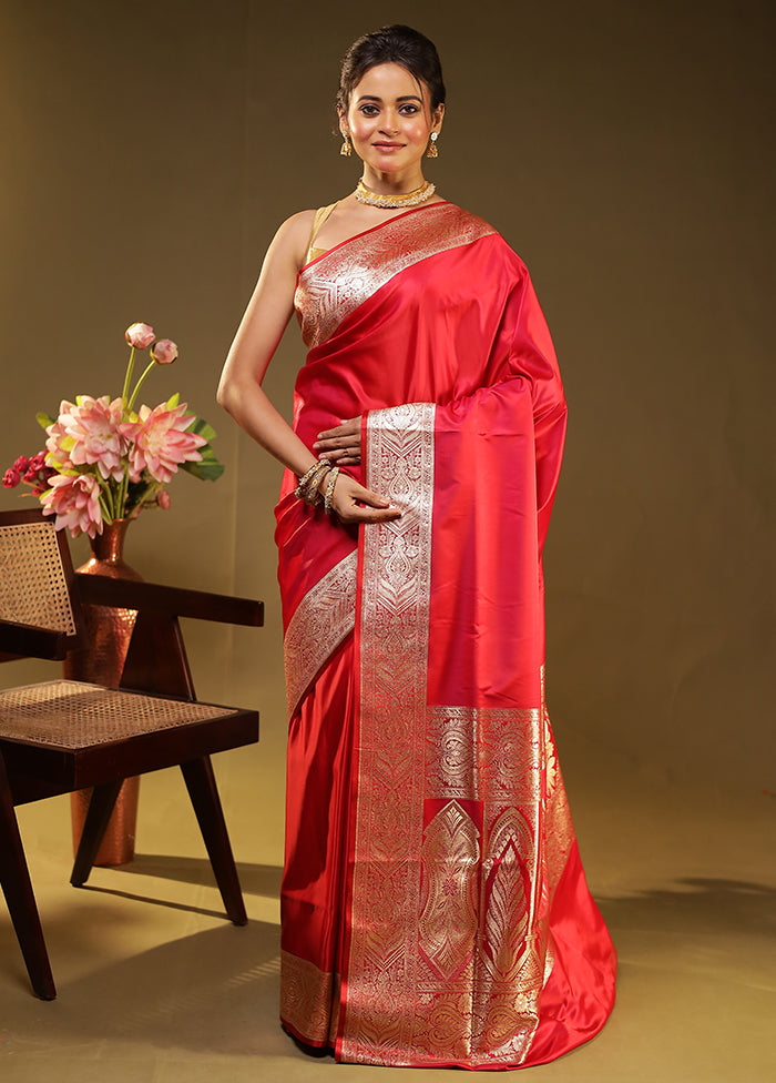 Pink Banarasi Silk Saree With Blouse Piece