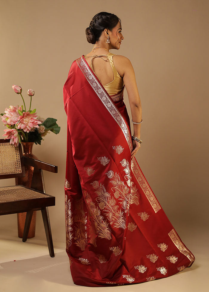 Maroon Banarasi Silk Saree With Blouse Piece