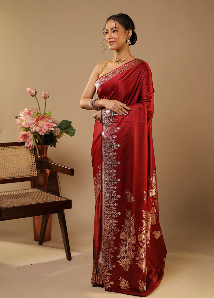 Maroon Banarasi Silk Saree With Blouse Piece