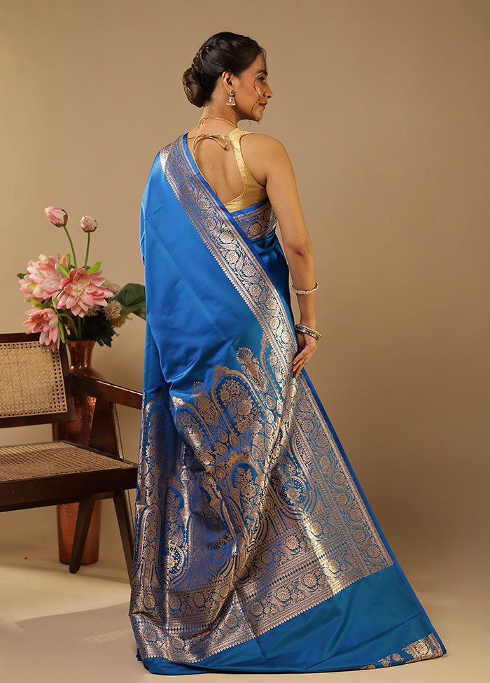 Blue Banarasi Silk Saree With Blouse Piece
