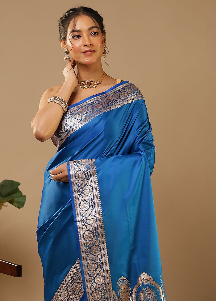 Blue Banarasi Silk Saree With Blouse Piece