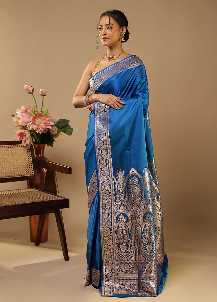 Blue Banarasi Silk Saree With Blouse Piece