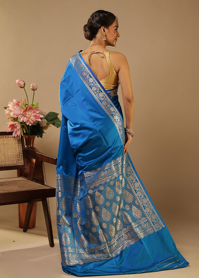 Blue Banarasi Silk Saree With Blouse Piece