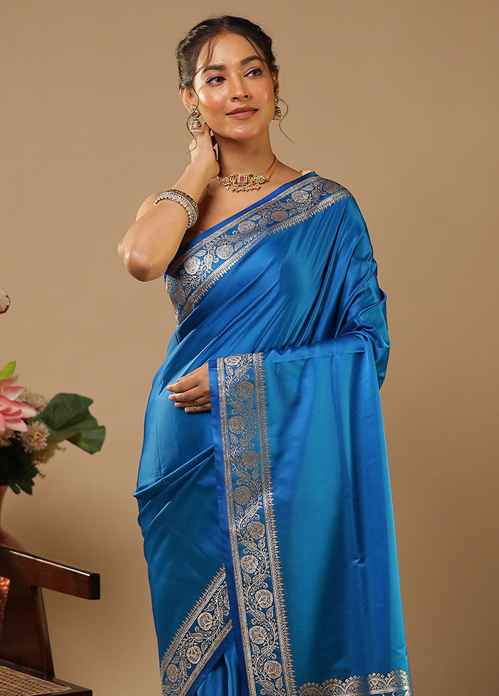 Blue Banarasi Silk Saree With Blouse Piece