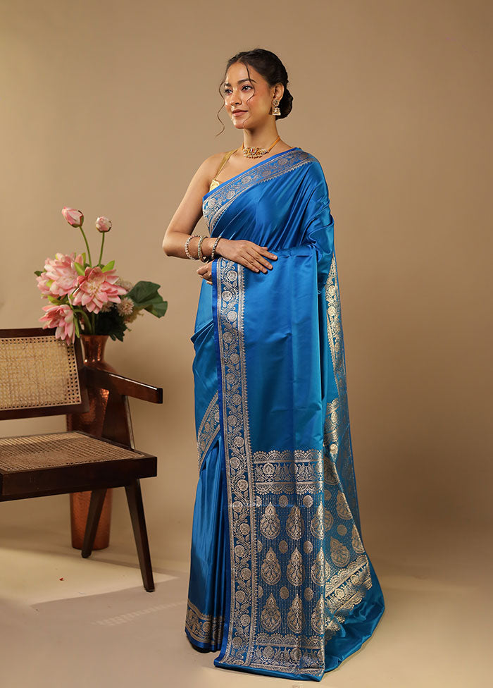 Blue Banarasi Silk Saree With Blouse Piece