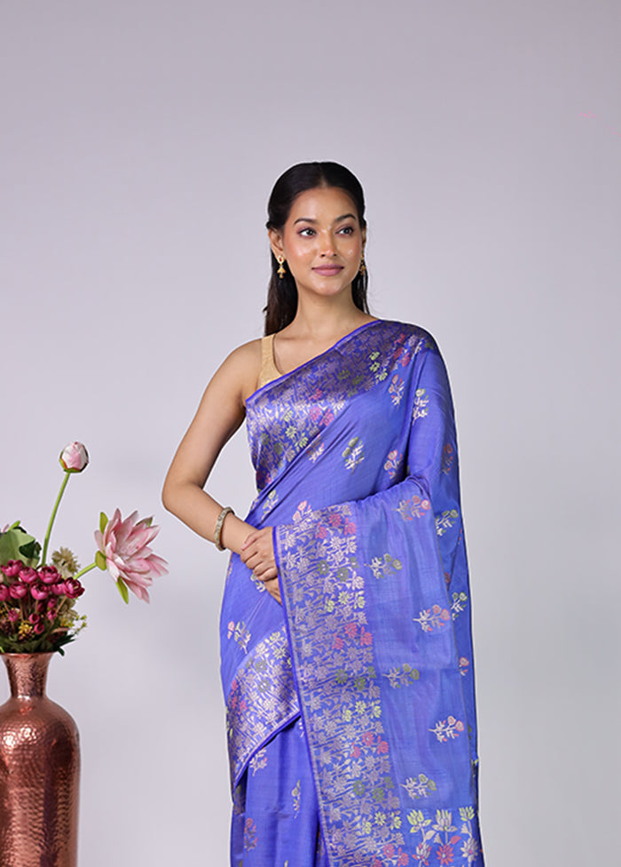 Blue Dupion Silk Saree With Blouse Piece