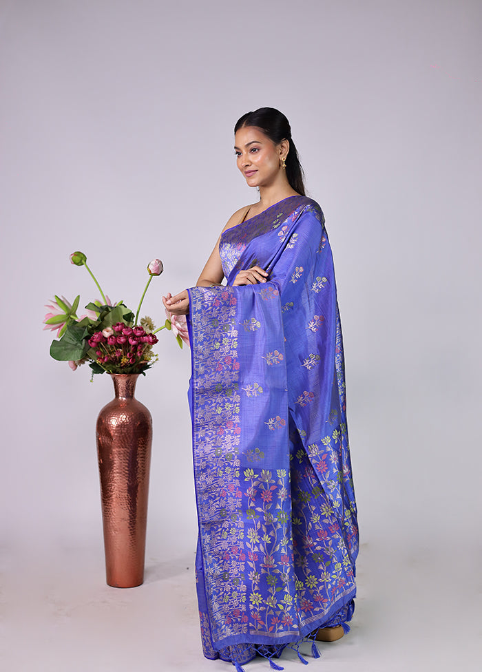 Blue Dupion Silk Saree With Blouse Piece