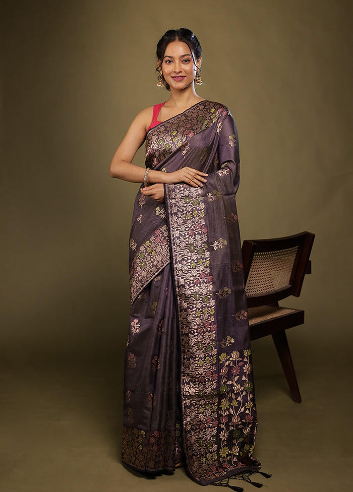 Grey Dupion Silk Saree With Blouse Piece
