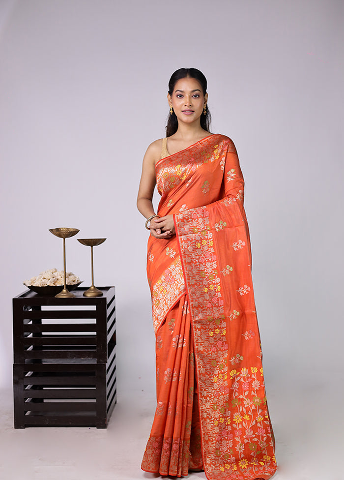 Orange Dupion Silk Saree With Blouse Piece
