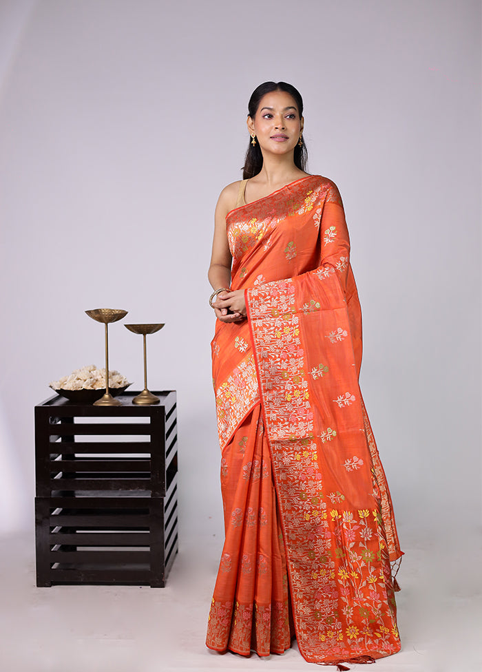Orange Dupion Silk Saree With Blouse Piece