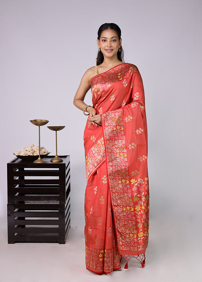 Red Dupion Silk Saree With Blouse Piece