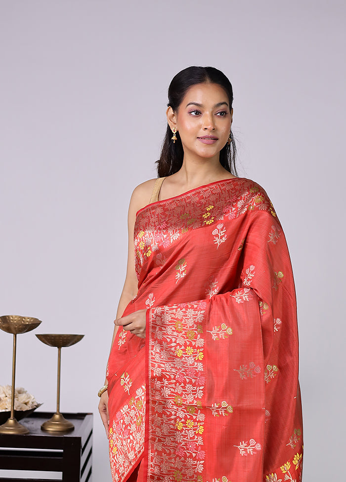 Red Dupion Silk Saree With Blouse Piece