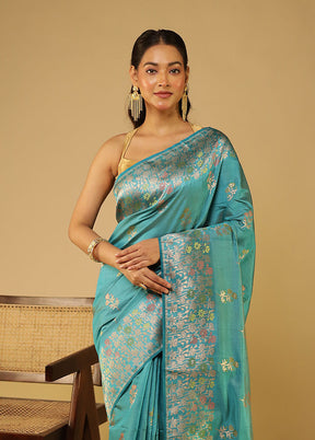 Blue Dupion Silk Saree With Blouse Piece
