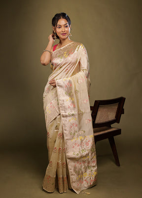 Cream Dupion Silk Saree With Blouse Piece