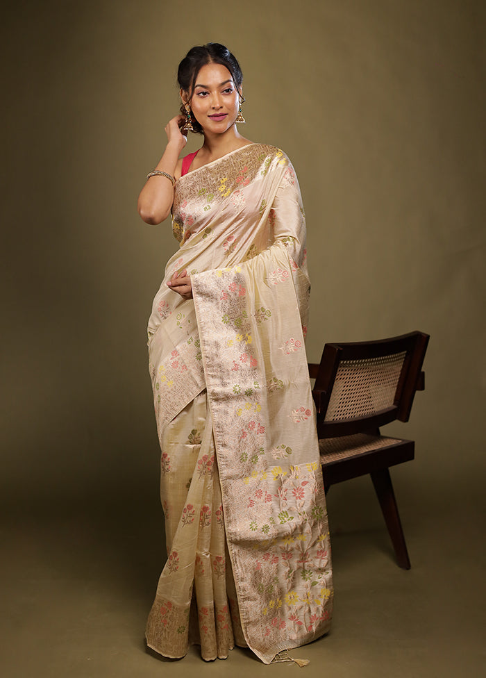 Cream Dupion Silk Saree With Blouse Piece