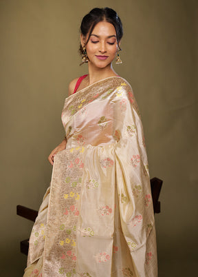 Cream Dupion Silk Saree With Blouse Piece