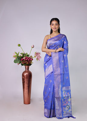 Blue Dupion Silk Saree With Blouse Piece